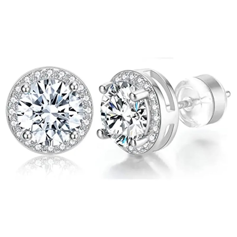 Cubic Zirconia Stud Earrings Silver for Men and Women
